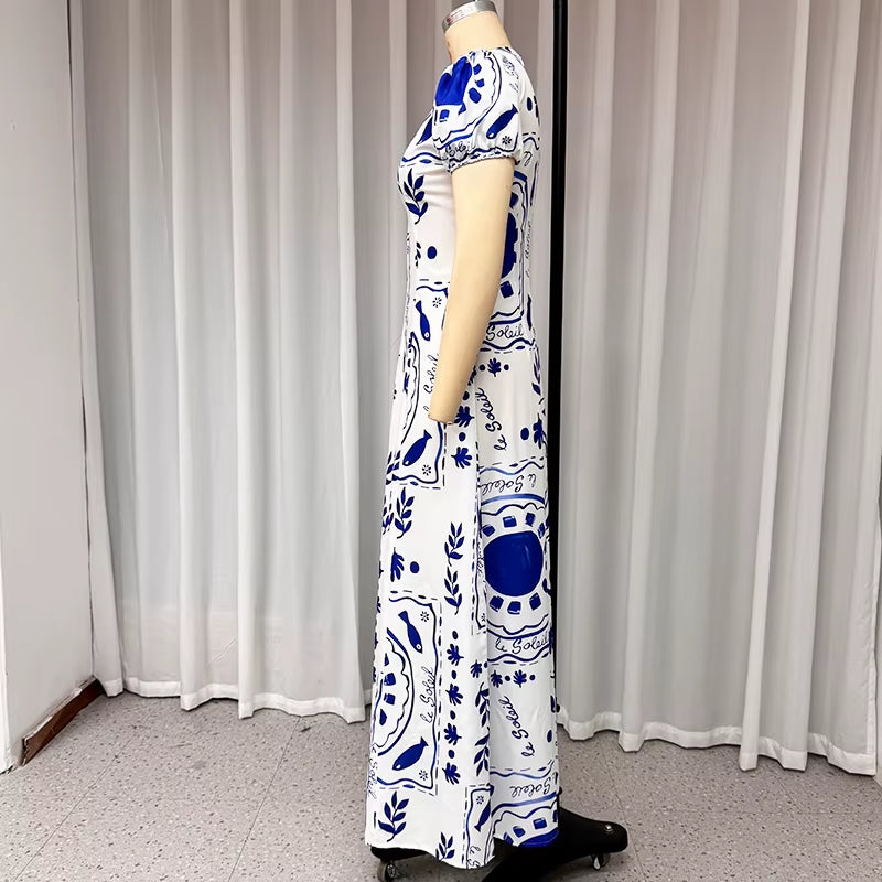 Ellafads™ Summer Glam Maxi Dress – Printed Deep V-Neck, Puff Sleeves, Waist-Slimming Fit for Beach to Party Chic