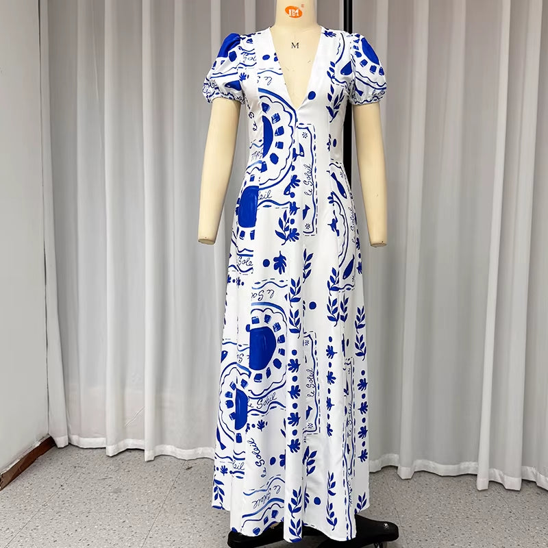 Ellafads™ Summer Glam Maxi Dress – Printed Deep V-Neck, Puff Sleeves, Waist-Slimming Fit for Beach to Party Chic